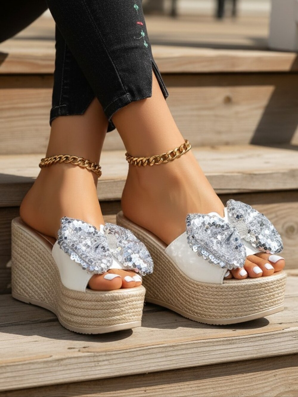 Oversized Sequin Bow Open Toe Shoes Chunky Sparkle Bling Platform Wedge Sandals